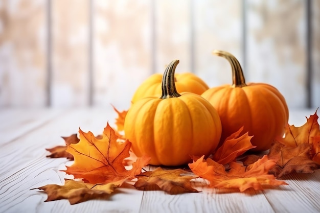 Decorative pumpkin background and dry autumn leaves on wooden arrangement indoors Halloween concept