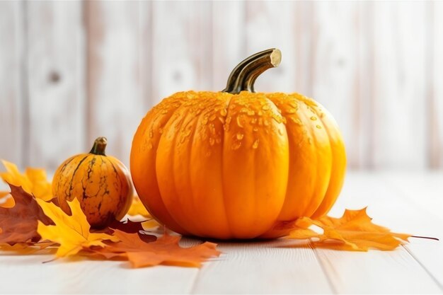 Decorative pumpkin background and dry autumn leaves on wooden arrangement indoors halloween concept