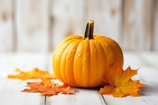 Decorative pumpkin background and dry autumn leaves on wooden arrangement indoors halloween concept