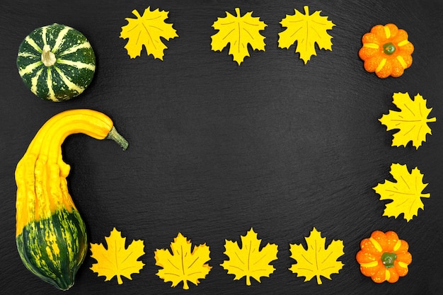 Decorative pumpkins on a black background The fall harvest is ready for Halloween