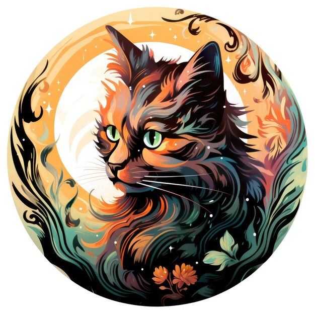 Decorative romantic portrait of a cat in a floral pattern circle