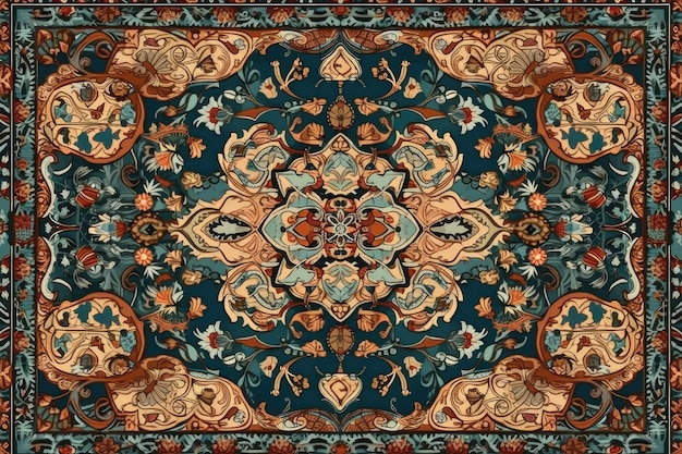 Decorative rug with intricate blue and red patterns Generative AI