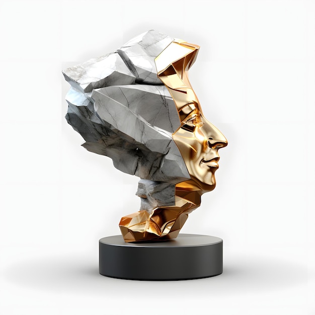 decorative sculpture in the form of a human head made of cement white marble and gold