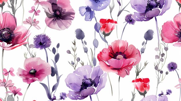 Decorative seamless pattern with watercolor hand drawn abstract wild flowers Image of a seamless pattern