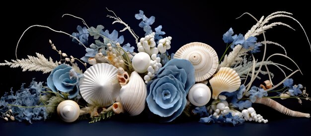 Photo decorative seathemed arrangement with seashells on dark blue fabric