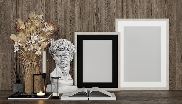 Photo decorative set frame mock up with sculpture
