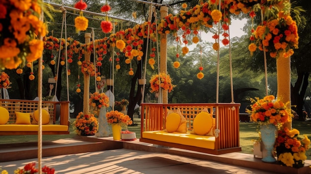 A decorative setup with swings adorned with flowers and colorful fabrics inviting people to indulge