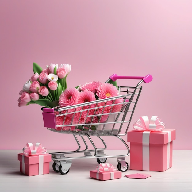 Decorative shopping cart with delicate spring flowers and gifts