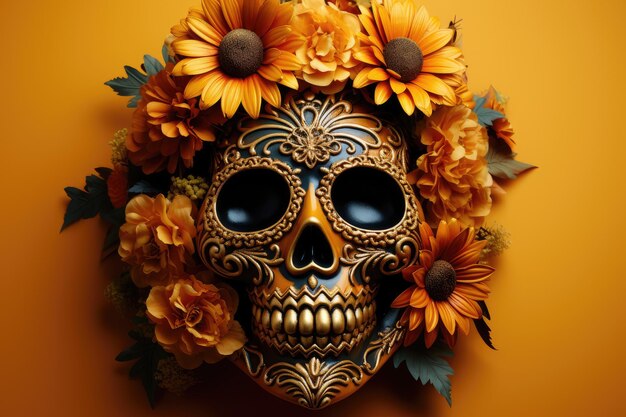Decorative skull decorated with a wreath of orange marigolds Banner for the Day of the Dead