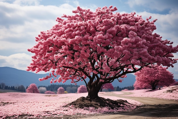 Photo decorative spring landscape with single lush blooming sakura cherry tree in full blossom on a hills