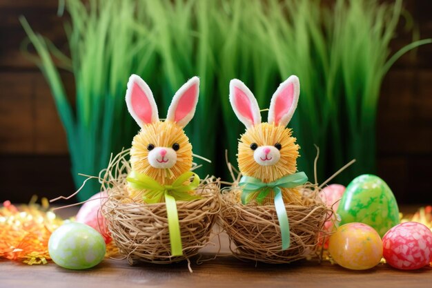 Decorative straw bunnies with painted eggs