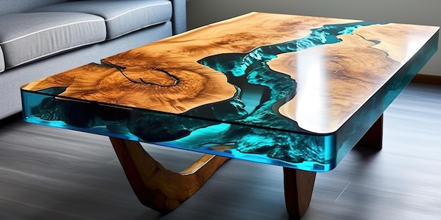 Tavolo decorativo creato da onde di resina epossidica blu e legno generato ai