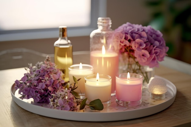 Decorative tray with scented candles and fresh flowers Generative AI