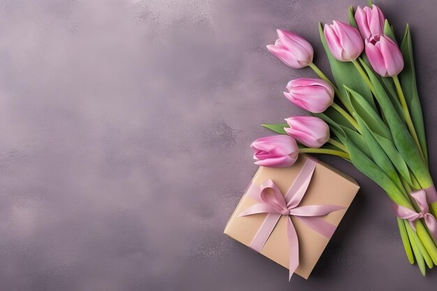 어머니의 날이나 발렌타인 데이를 위한 튤립 꽃 꽃다발이나 포장된 선물 상자 장식