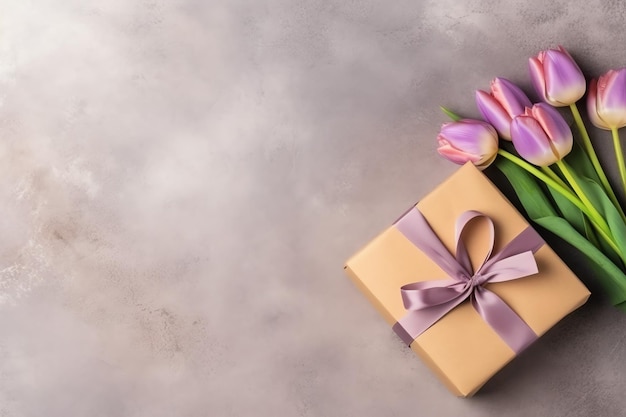 チューリップの花の花束やラップされたギフト ボックスの装飾、コピー スペース付き母の日やバレンタイン用