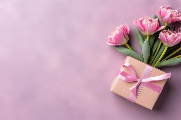 Decorative of tulips flowers bouquet or wrapped gift box For mother day or valentine with copyspace