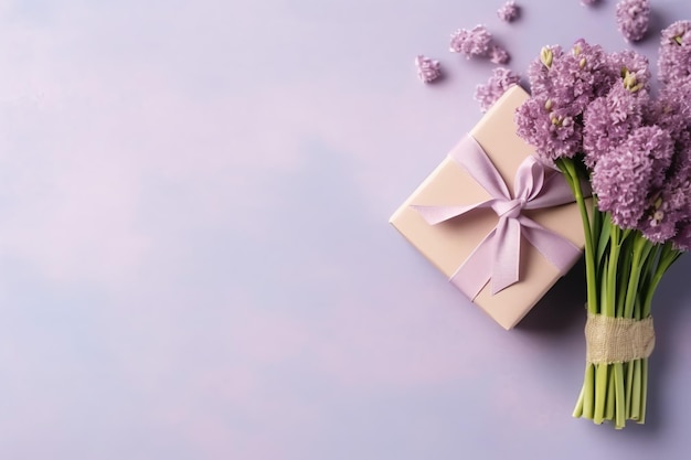 Декоративный букет цветов тюльпанов или упакованная подарочная коробка на день матери или валентинку с копировальным пространством