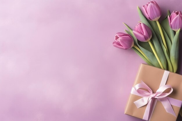 Decorative of tulips flowers bouquet or wrapped gift box for mother day or valentine with copyspace