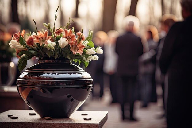 Decorative urn with ashes and flowers in funeral ceremony Mourning people bid farewell to deceased