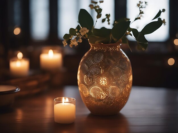 Decorative vase on table illuminated by bright candlelight showcasing cultural crafts