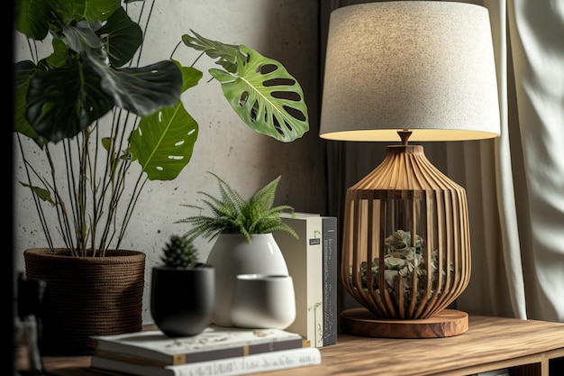 A decorative wall a wooden vase with plants in it and an interior decoration book