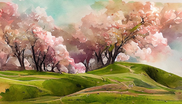 Decorative watercolor spring landscape with single lush blooming