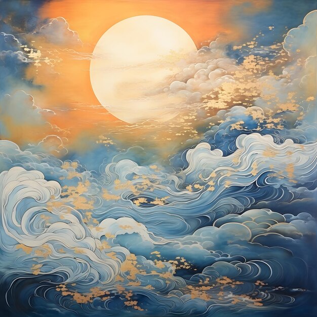 decorative waves in oriental style with sun with gold blue and orange colors