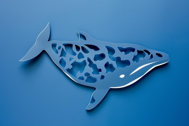 青い背景に紙でカットされた装飾的なクジラ 海洋生物保護の日
