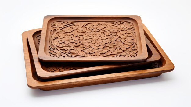 Decorative Wooden Serving Trays on White Background