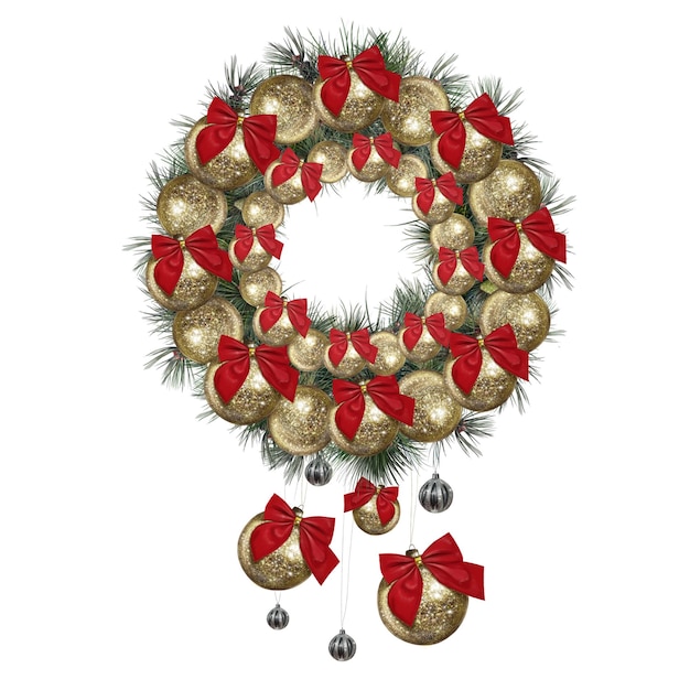 Decorative wreath of Christmas tree branches and shiny balls