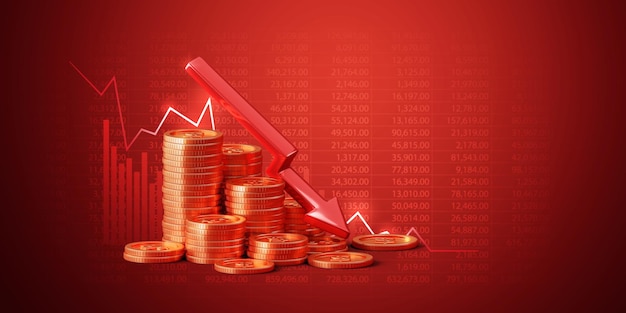 Decrease finance investment gold coin on money business stock 3d red background with economy recession financial currency crisis market or banking economic graph and down chart profit rate loss trade