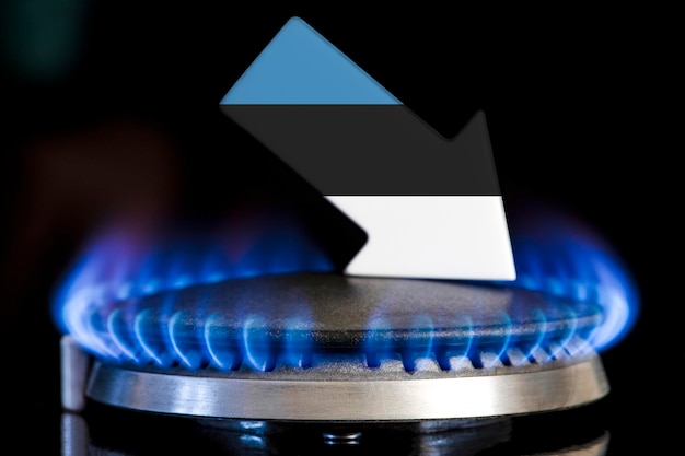 Decreased gas supplies in Estonia A gas stove with a burning flame and an arrow in the colors of the Estonia flag pointing down Concept of crisis in winter and lack of natural gas Heating season