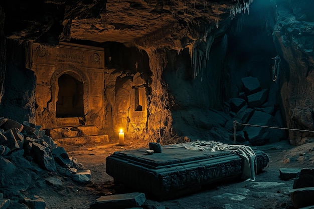 Photo decrepit ancient tomb cave with skeleton generate ai