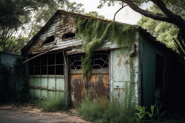 A decrepit old garage with peeling paint and rusted metal surrounded by overgrown vegetation