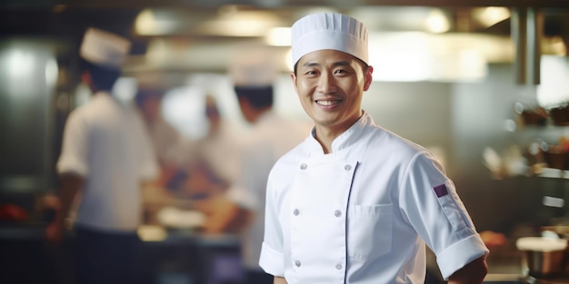 A dedicated Asian male chef's smile tells a story of culinary journey