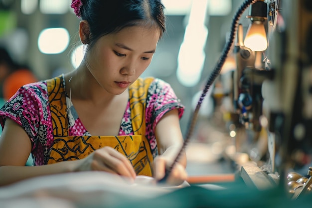 Преданная азиатская швейщица преуспевает на текстильной фабрике с точными навыками шитья