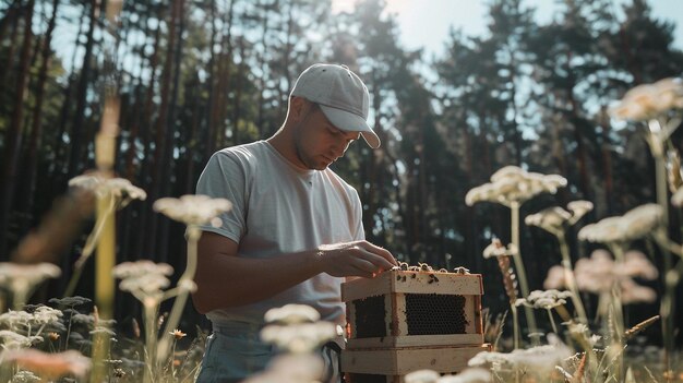 Photo dedicated beekeepers tending hives