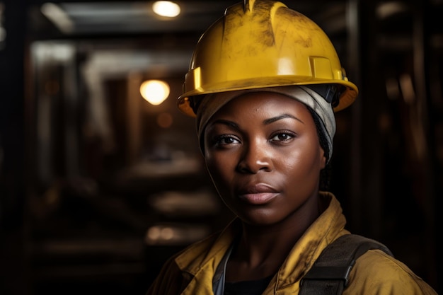 A dedicated black construction worker in helmet and gear amidst factory machinery Generative AI