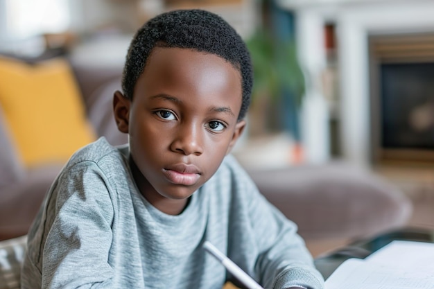 Dedicated black young boy concentrating on studies