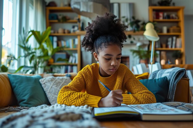Photo dedicated black young girl concentrating on studies