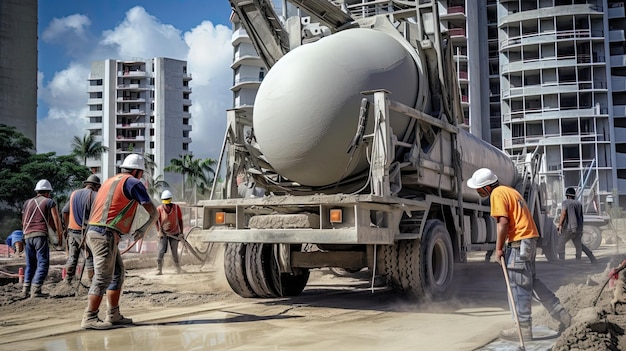 Dedicated builders focused on using a concrete pump truck to pour concrete maximizing efficiency and minimizing manual labor Generated by AI