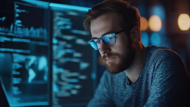 a dedicated coder analyzes complex algorithms on multiple illuminated screens