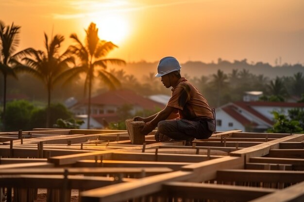 Dedicated construction worker skillfully laboring on a rooftop construction project