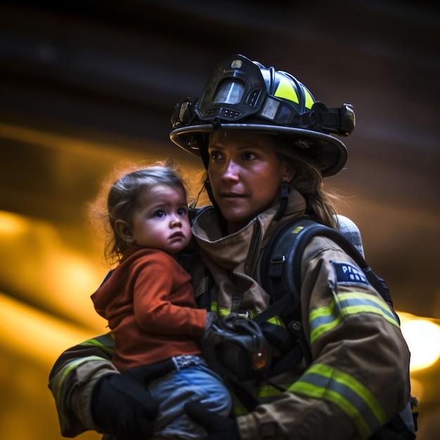 子供を腕に抱えて火災の中から出てくるフル装備の献身的な消防士の英雄的な瞬間