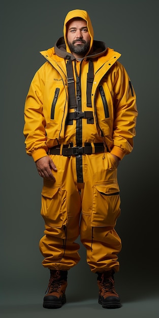 Photo dedicated fisherman on solid yellow background