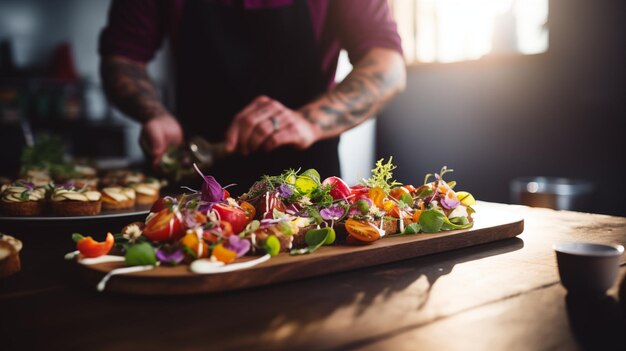 Photo a dedicated food stylist carefully adorning a dish with final touches before is served ai generated