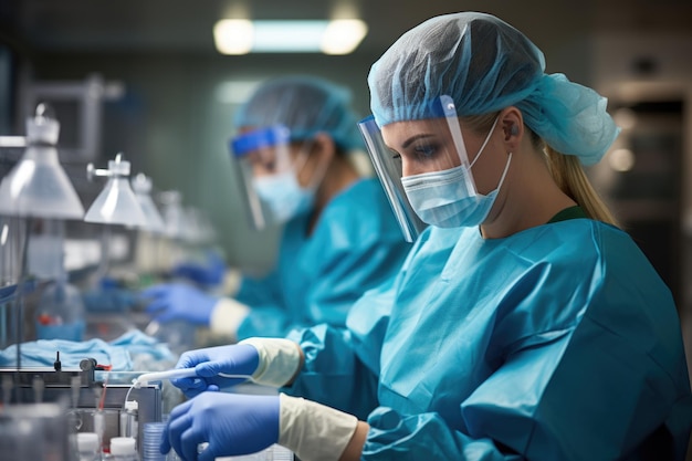 A dedicated healthcare worker in blue scrubs carefully inspects a syringe highlighting their commitment to precision in a clinical environment