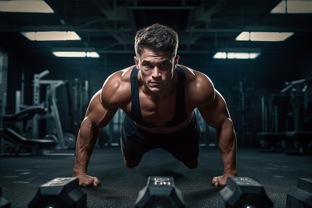 Dedicated Male Athlete Pushing Limits with DumbbellAssisted PushUps in Gym