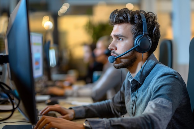 Dedicated male call center operator wearing headset working on computer in call center office