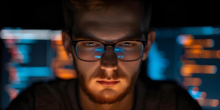 Photo dedicated man develops software by coding and programming computer systems concept coding programming software development computer systems dedicated man